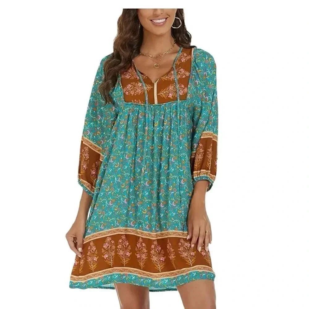 Qearal Womens Casual V Neck 3/4 Sleeve Boho Floral Loose Short Mini SZ S #1994